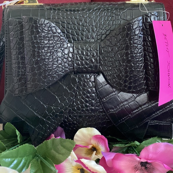 Betsey Johnson Double Bow Top Handle Crossbody + Satchel, Black & Gold - Picture 4 of 13